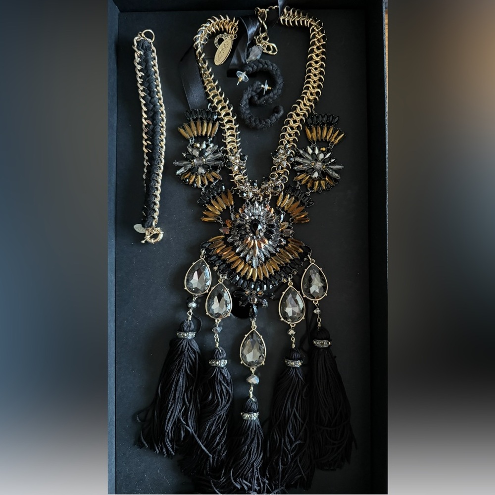 Chico’s Large Gold Black and Crystal Necklace set